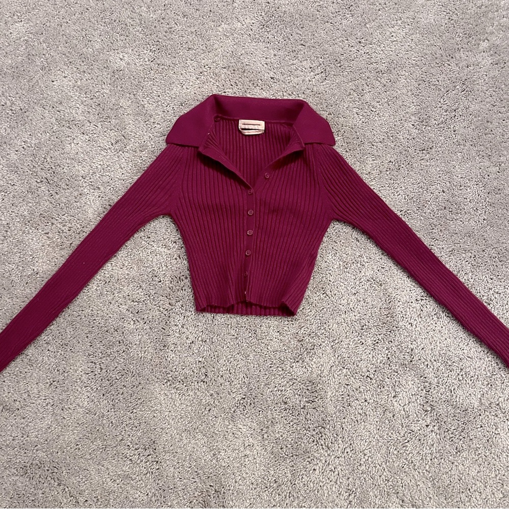 Urban Outfitters Size Small Dark Pink Ribbed Cropped Collared Long Sleeve